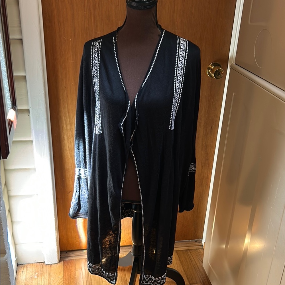 Black Open Front Cardigan with White Trim